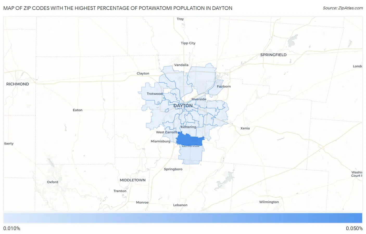 Zip Codes with the Highest Percentage of Potawatomi Population in Dayton Map