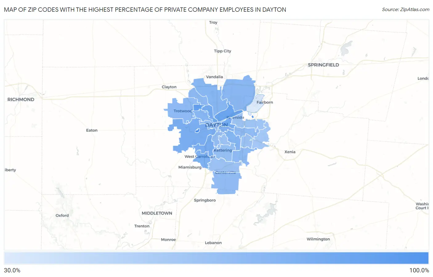Zip Codes with the Highest Percentage of Private Company Employees in Dayton Map