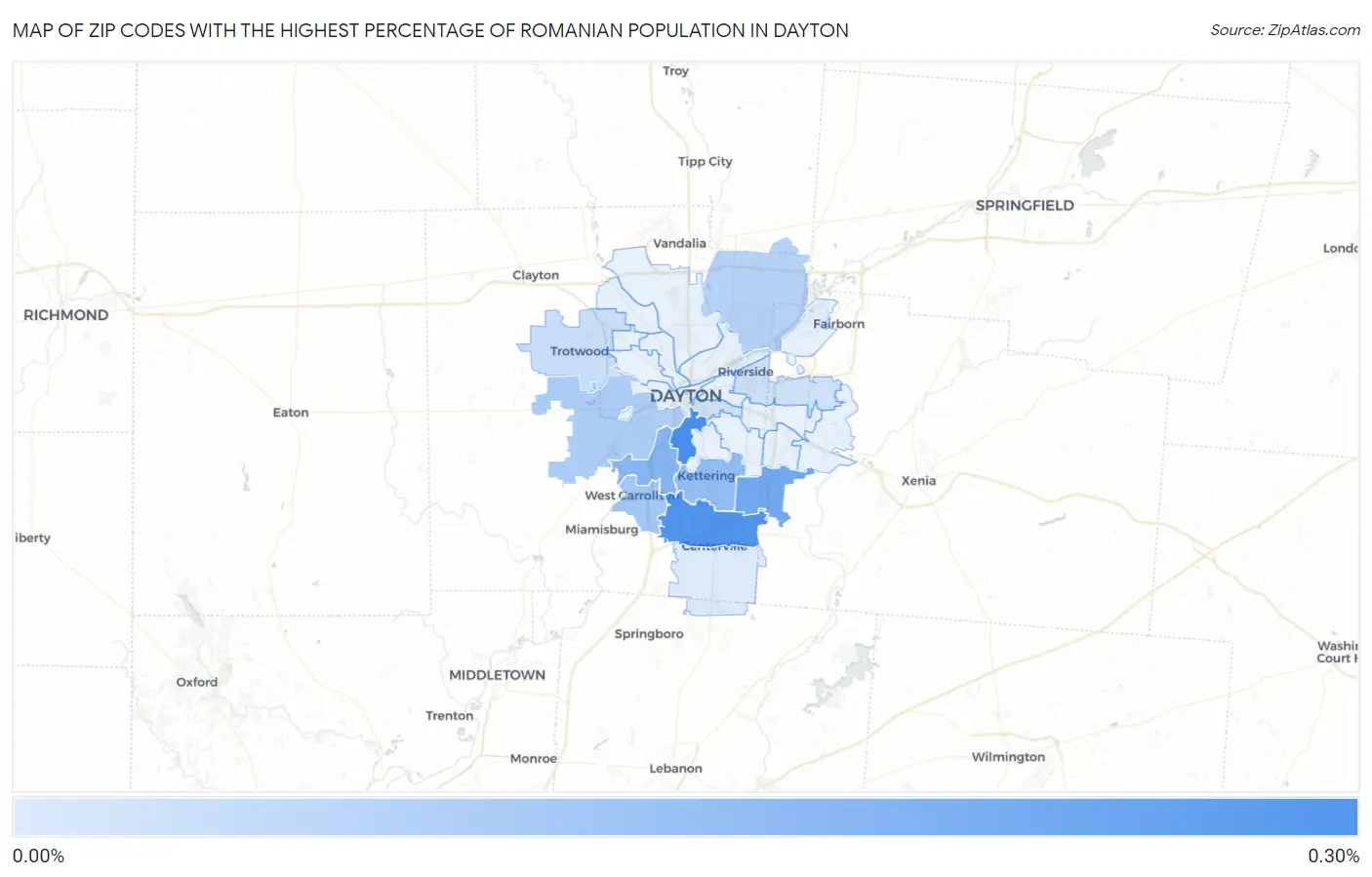Zip Codes with the Highest Percentage of Romanian Population in Dayton Map