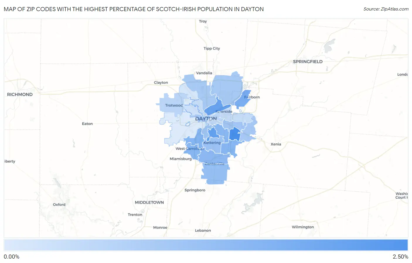 Zip Codes with the Highest Percentage of Scotch-Irish Population in Dayton Map