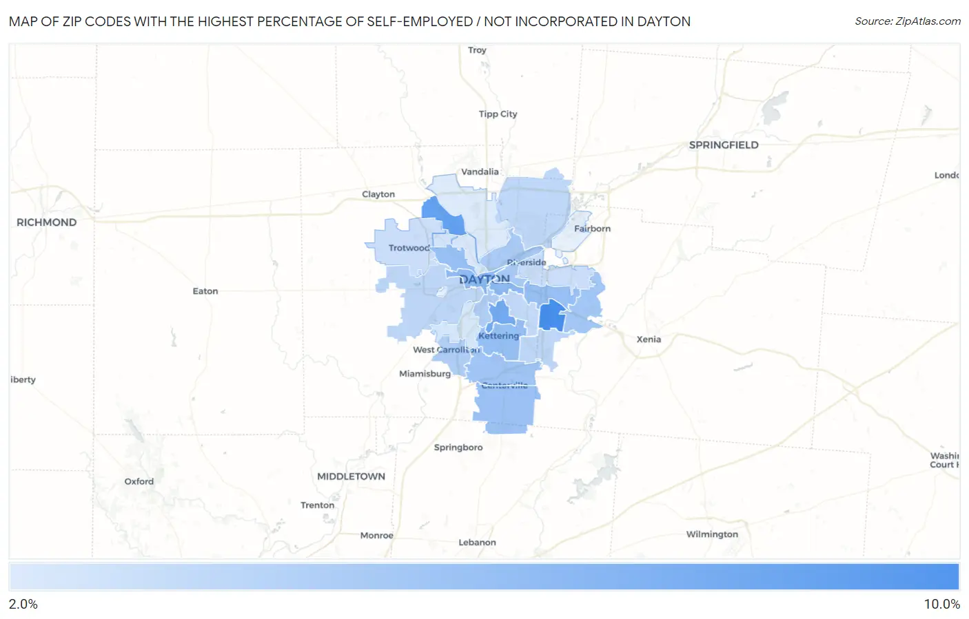 Zip Codes with the Highest Percentage of Self-Employed / Not Incorporated in Dayton Map