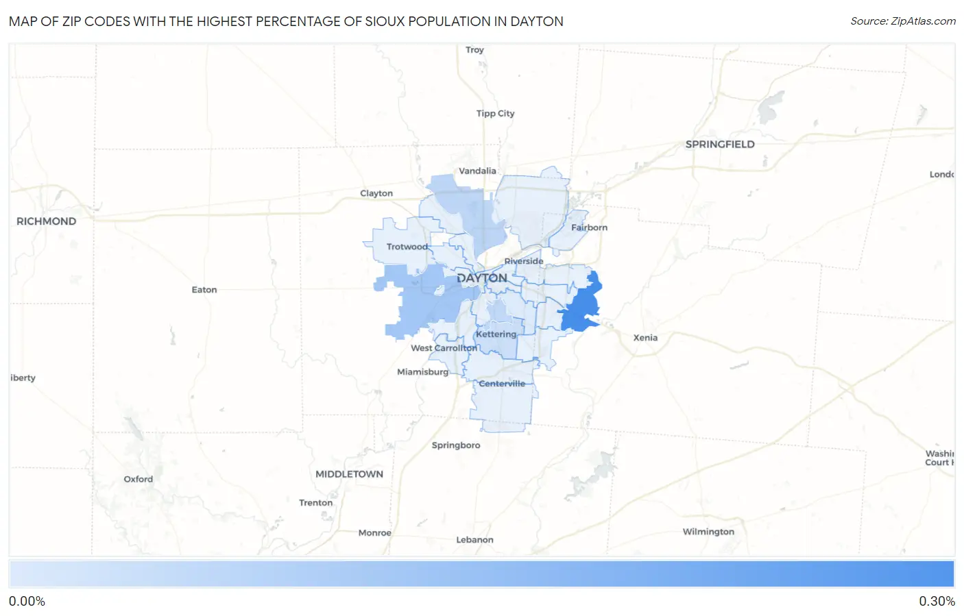 Zip Codes with the Highest Percentage of Sioux Population in Dayton Map