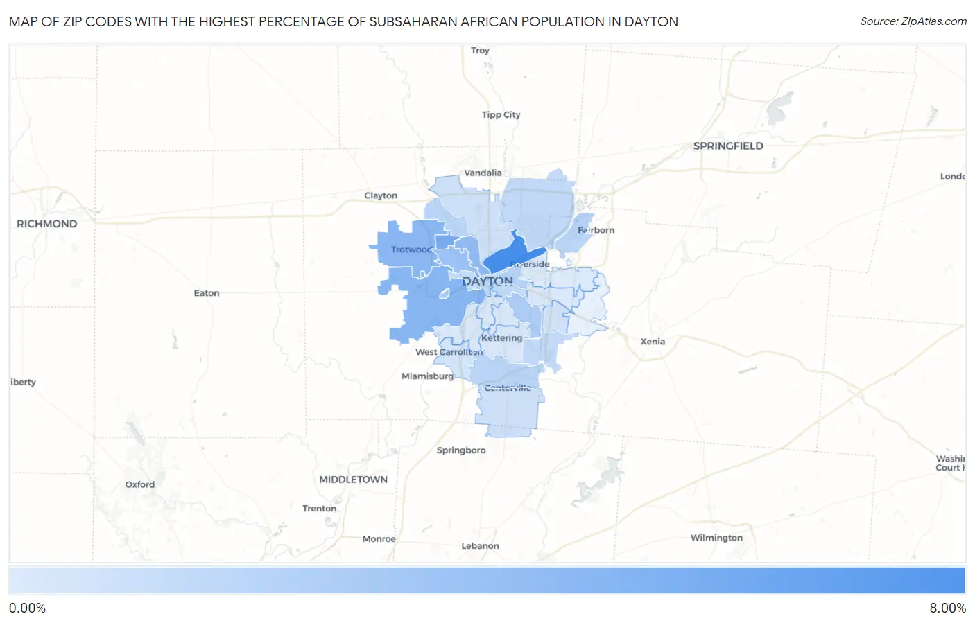 Zip Codes with the Highest Percentage of Subsaharan African Population in Dayton Map