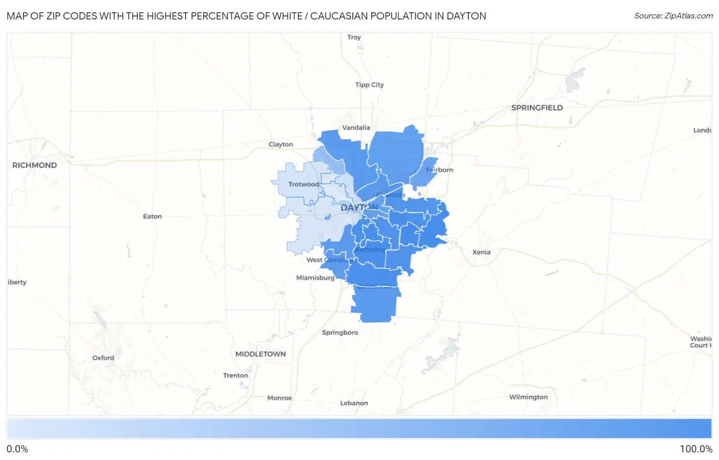 Zip Codes with the Highest Percentage of White / Caucasian Population in Dayton Map