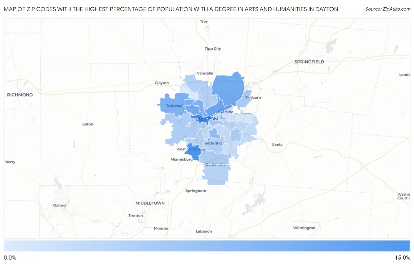 Zip Codes with the Highest Percentage of Population with a Degree in Arts and Humanities in Dayton Map