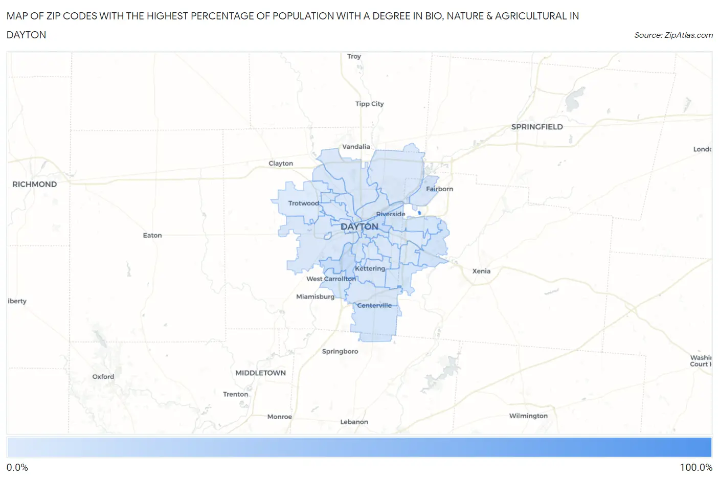 Zip Codes with the Highest Percentage of Population with a Degree in Bio, Nature & Agricultural in Dayton Map