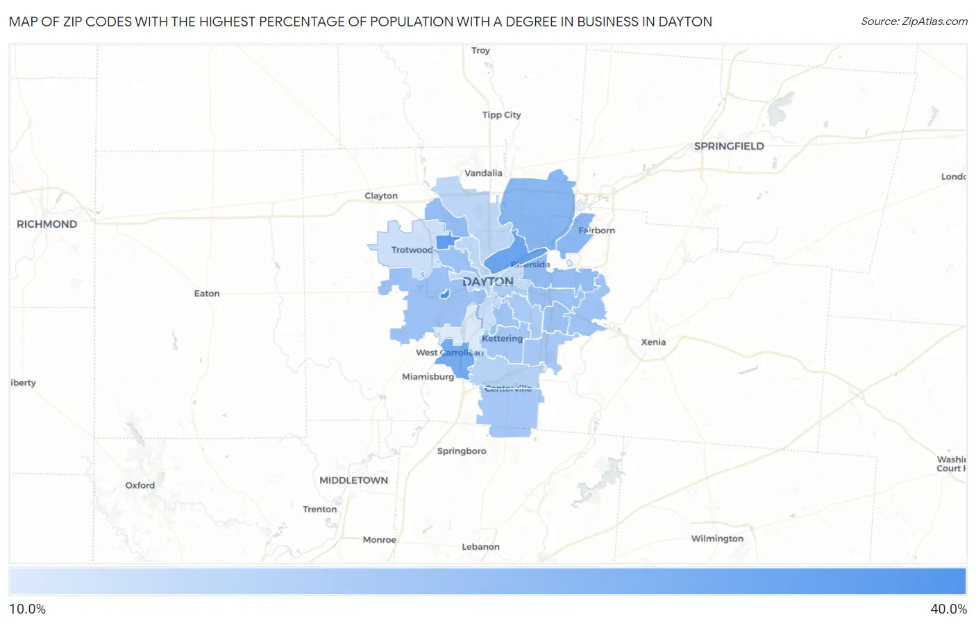 Zip Codes with the Highest Percentage of Population with a Degree in Business in Dayton Map