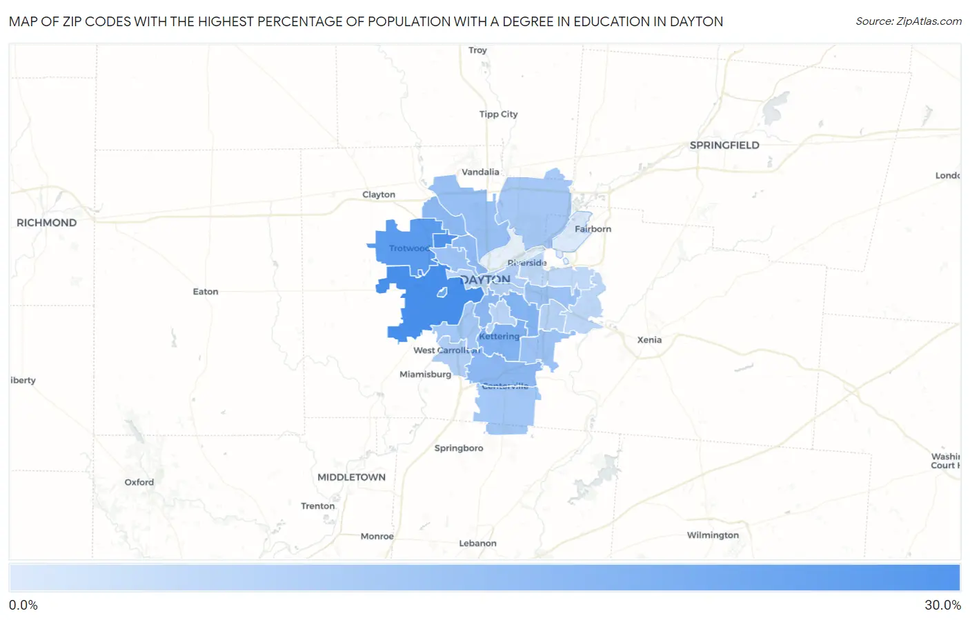 Zip Codes with the Highest Percentage of Population with a Degree in Education in Dayton Map