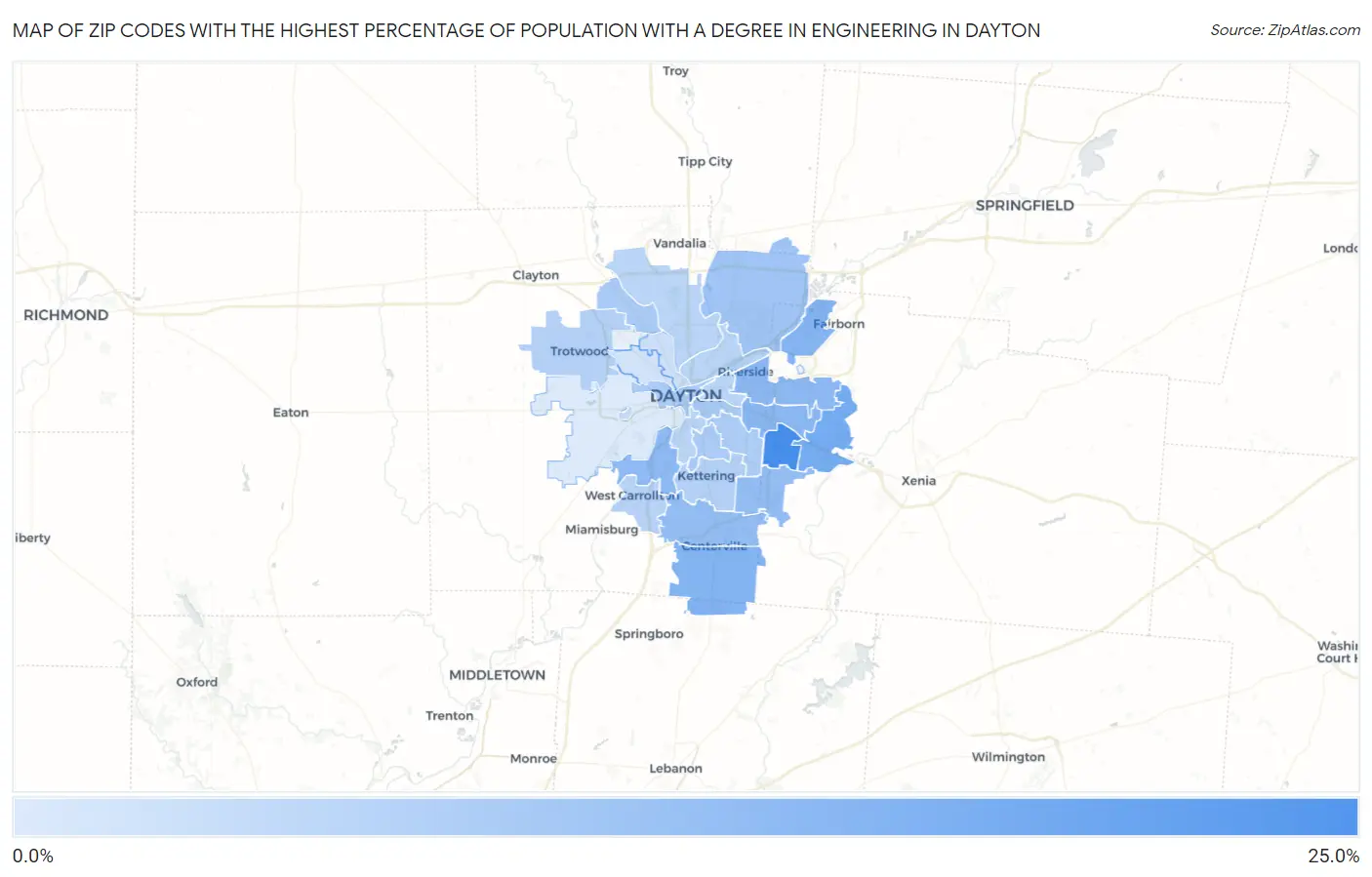 Zip Codes with the Highest Percentage of Population with a Degree in Engineering in Dayton Map