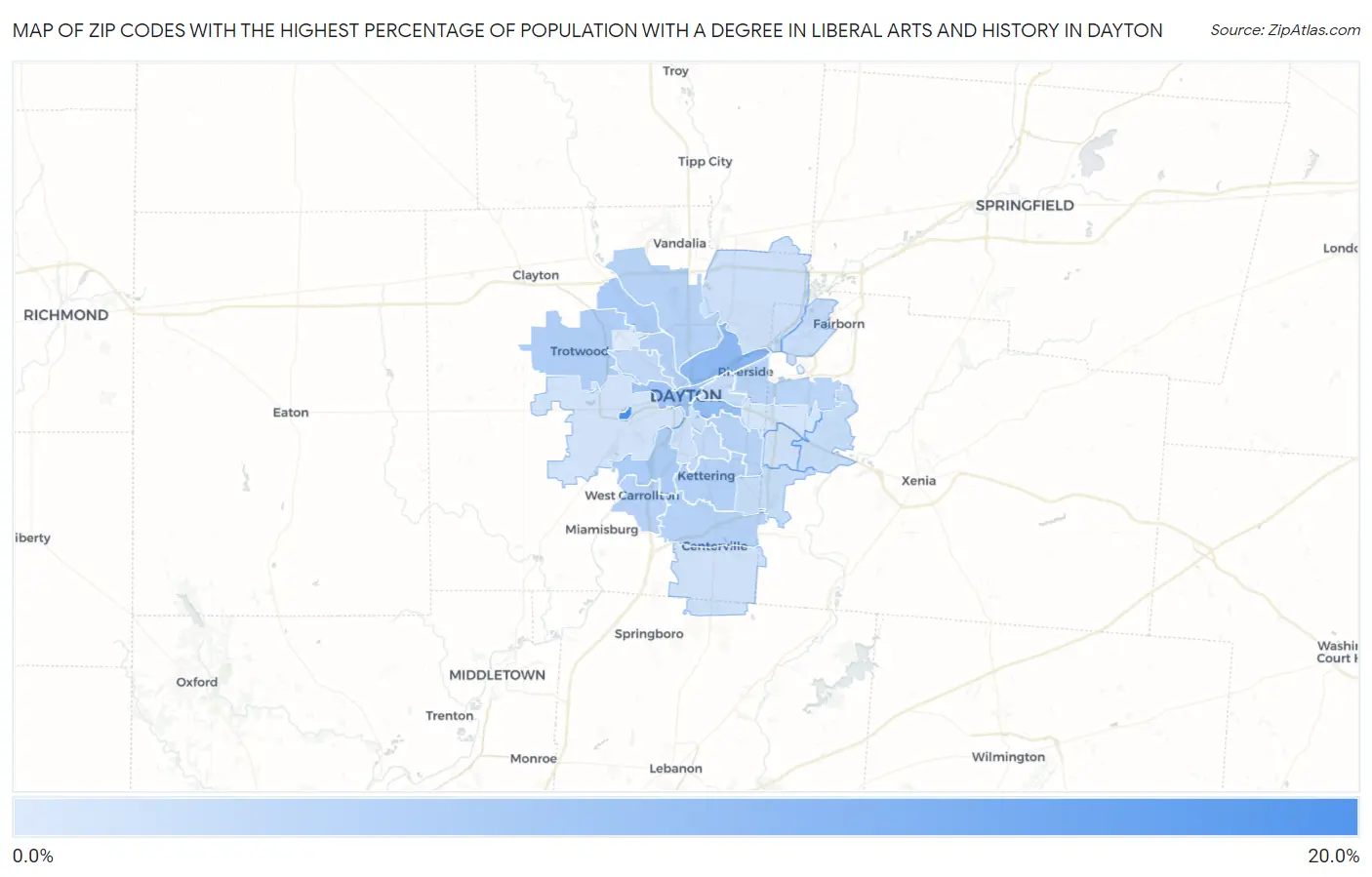 Zip Codes with the Highest Percentage of Population with a Degree in Liberal Arts and History in Dayton Map