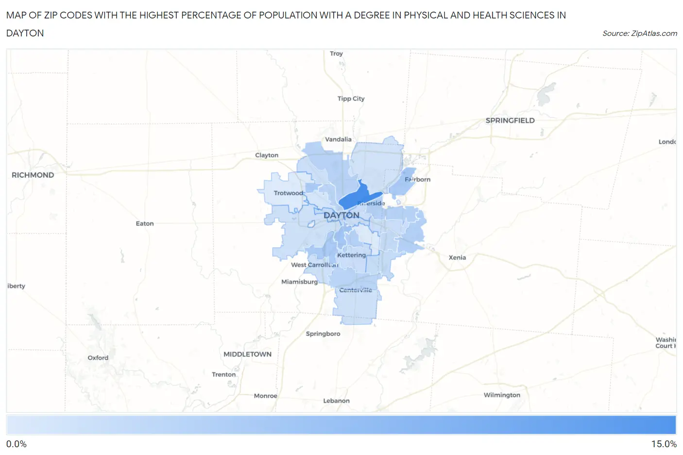 Zip Codes with the Highest Percentage of Population with a Degree in Physical and Health Sciences in Dayton Map