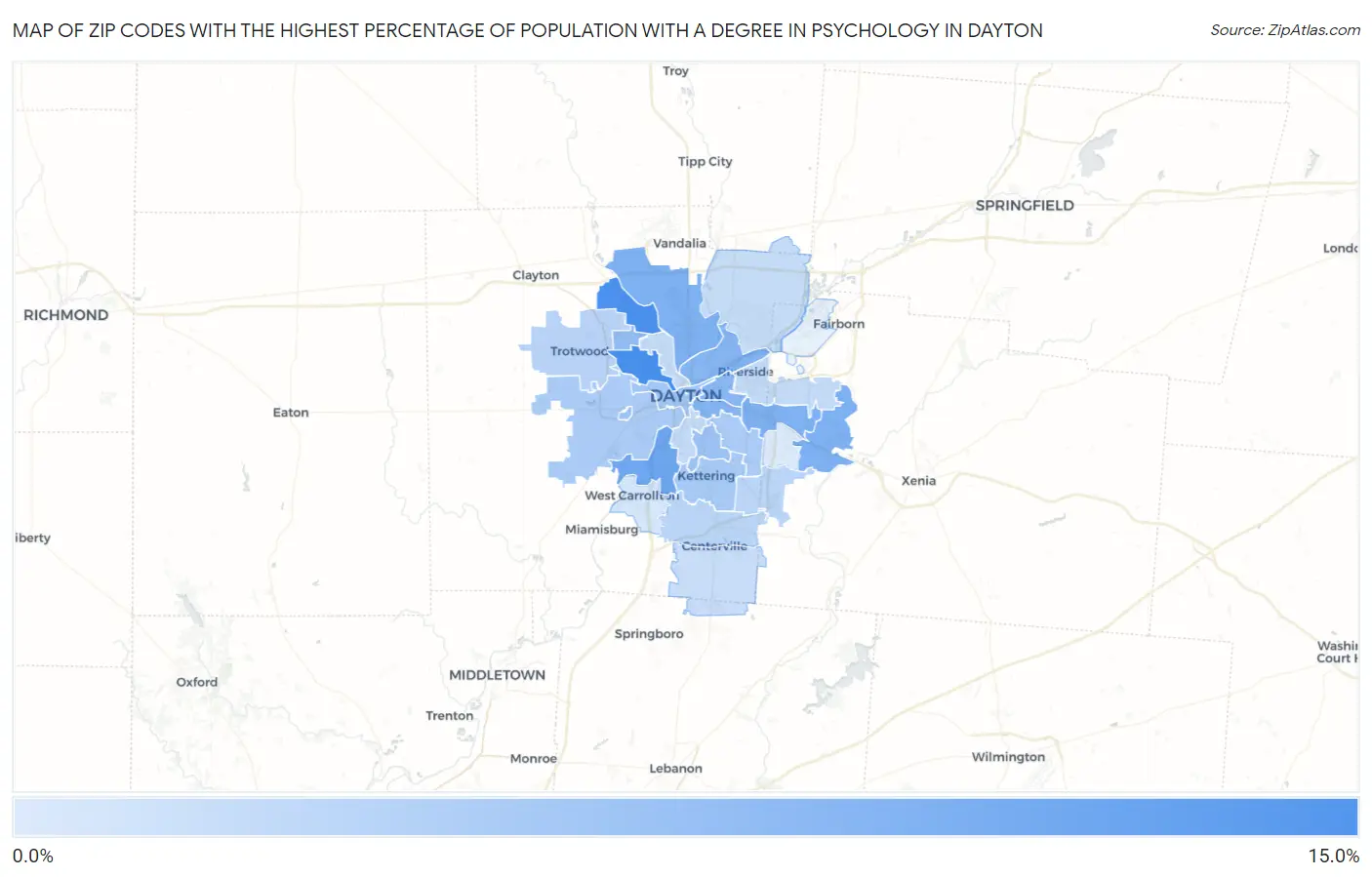 Zip Codes with the Highest Percentage of Population with a Degree in Psychology in Dayton Map