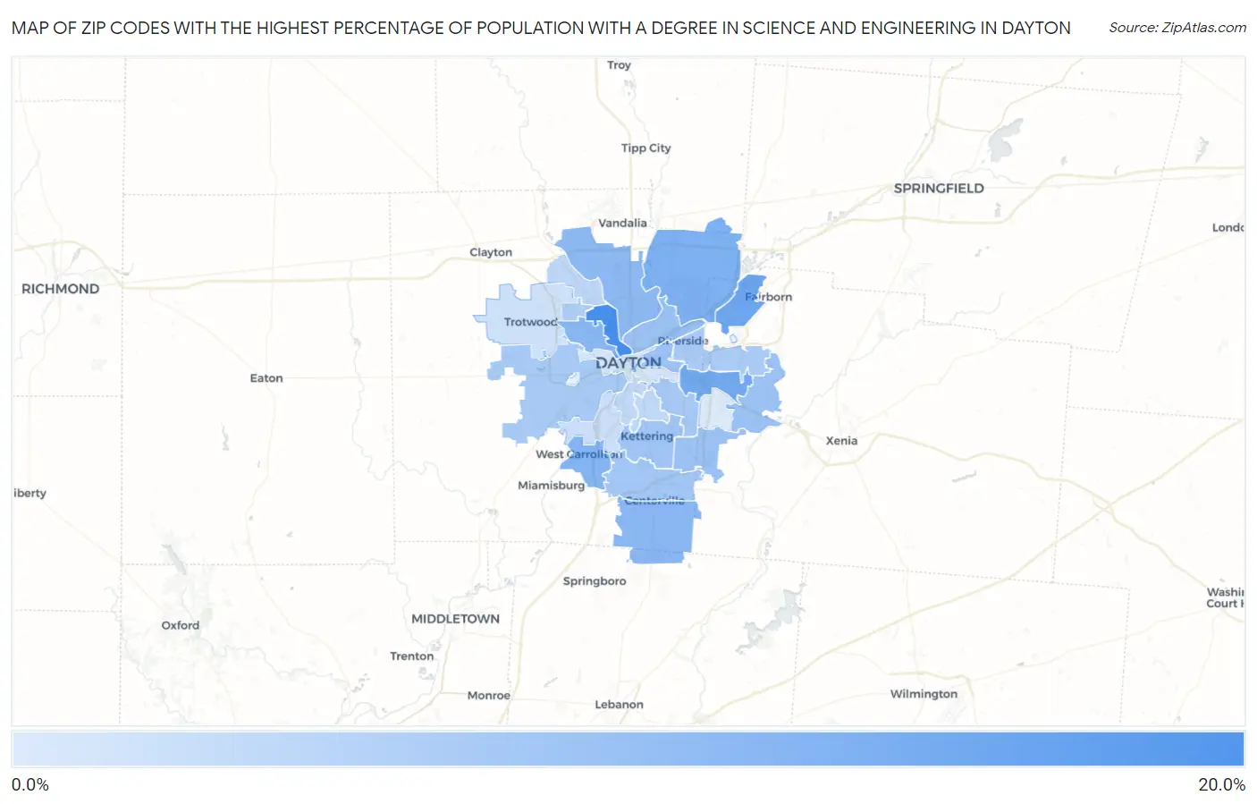 Zip Codes with the Highest Percentage of Population with a Degree in Science and Engineering in Dayton Map