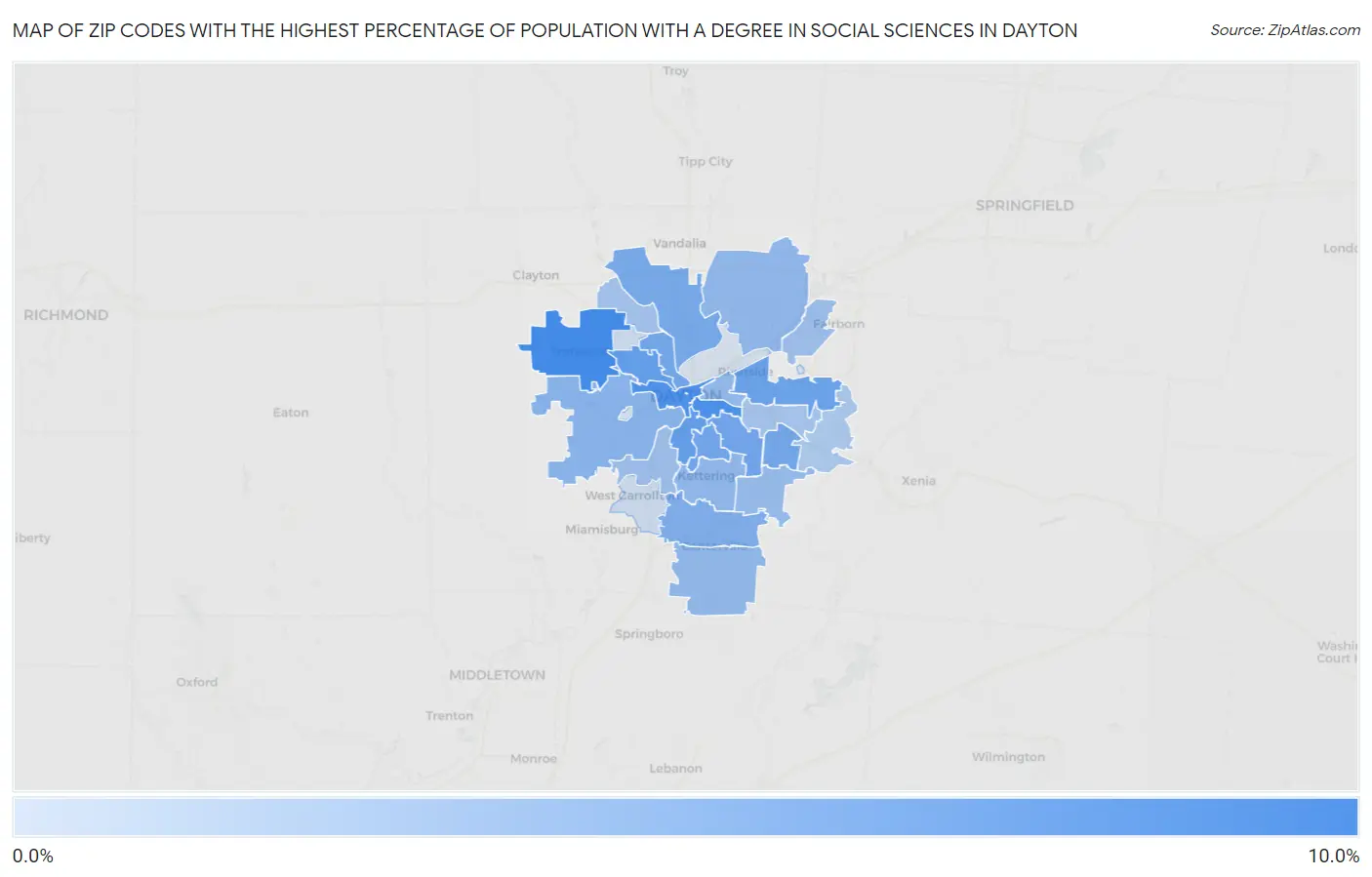 Zip Codes with the Highest Percentage of Population with a Degree in Social Sciences in Dayton Map