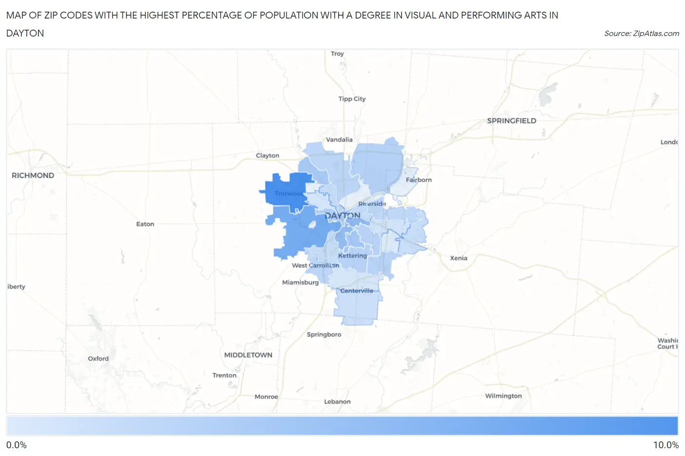 Zip Codes with the Highest Percentage of Population with a Degree in Visual and Performing Arts in Dayton Map