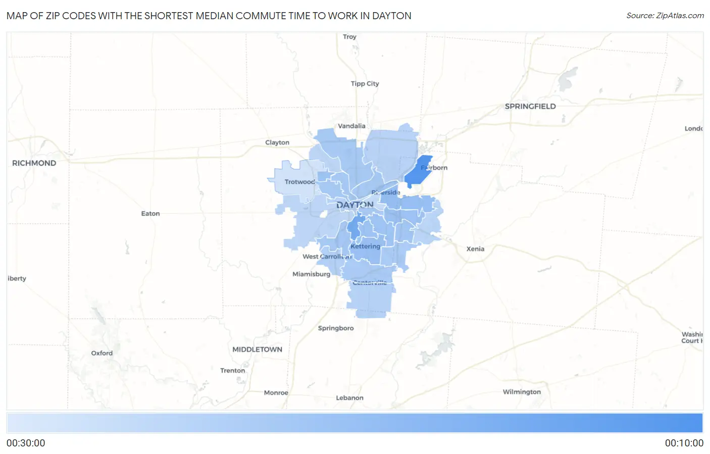 Zip Codes with the Shortest Median Commute Time to Work in Dayton Map