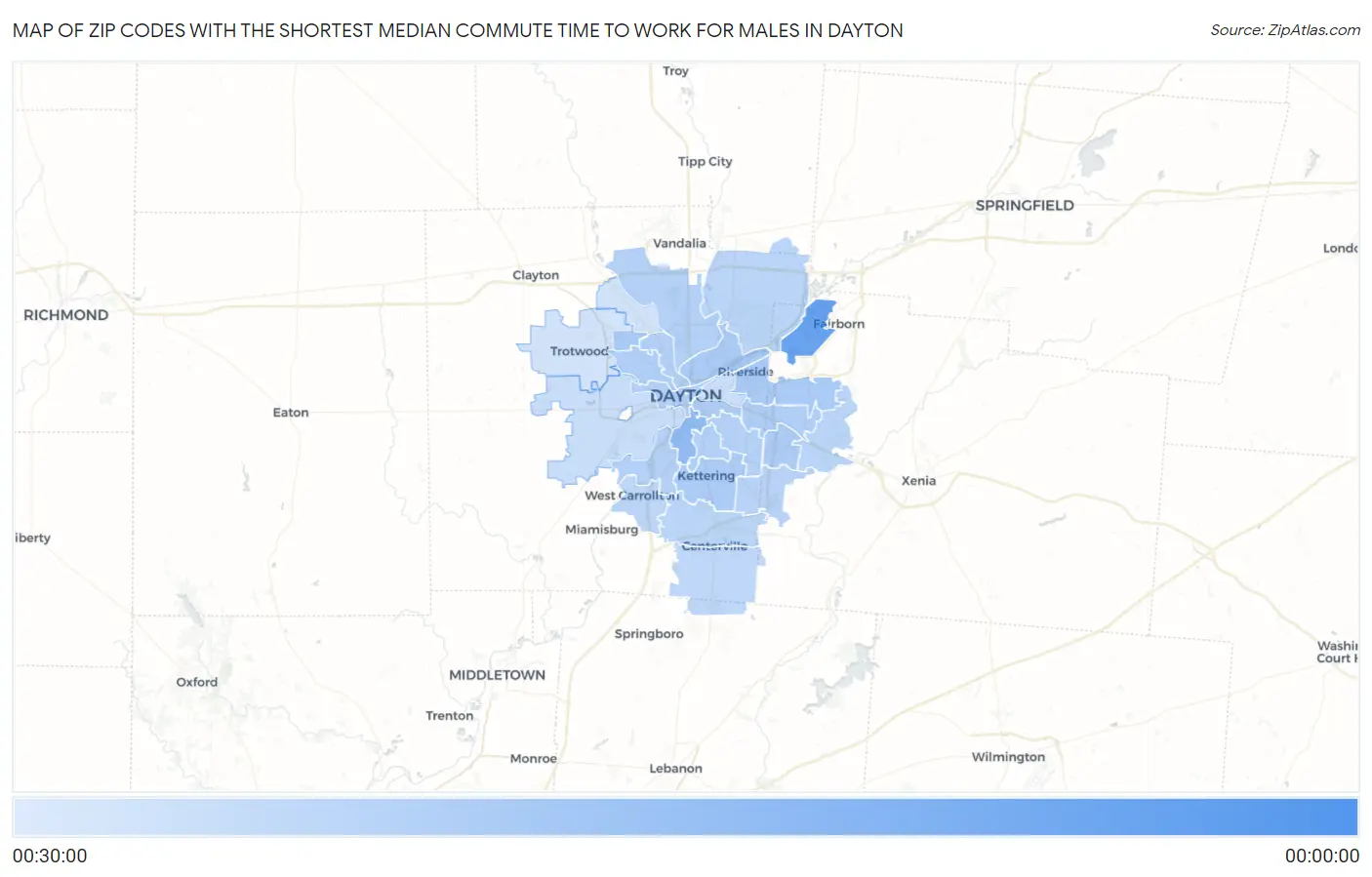 Zip Codes with the Shortest Median Commute Time to Work for Males in Dayton Map