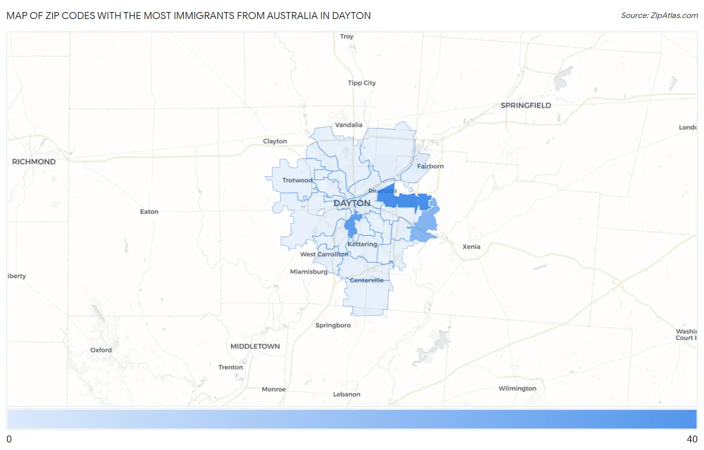 Zip Codes with the Most Immigrants from Australia in Dayton Map