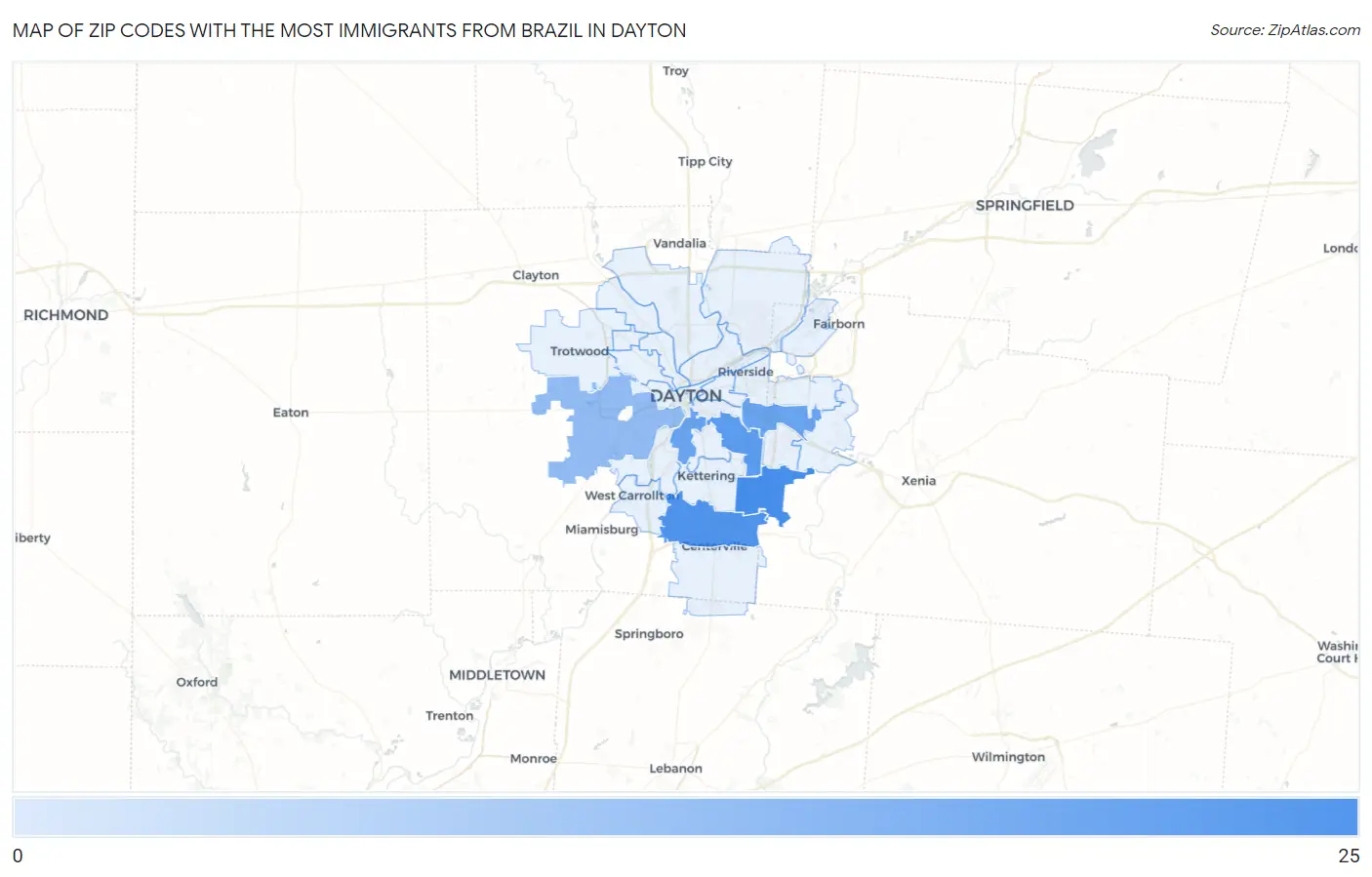 Zip Codes with the Most Immigrants from Brazil in Dayton Map