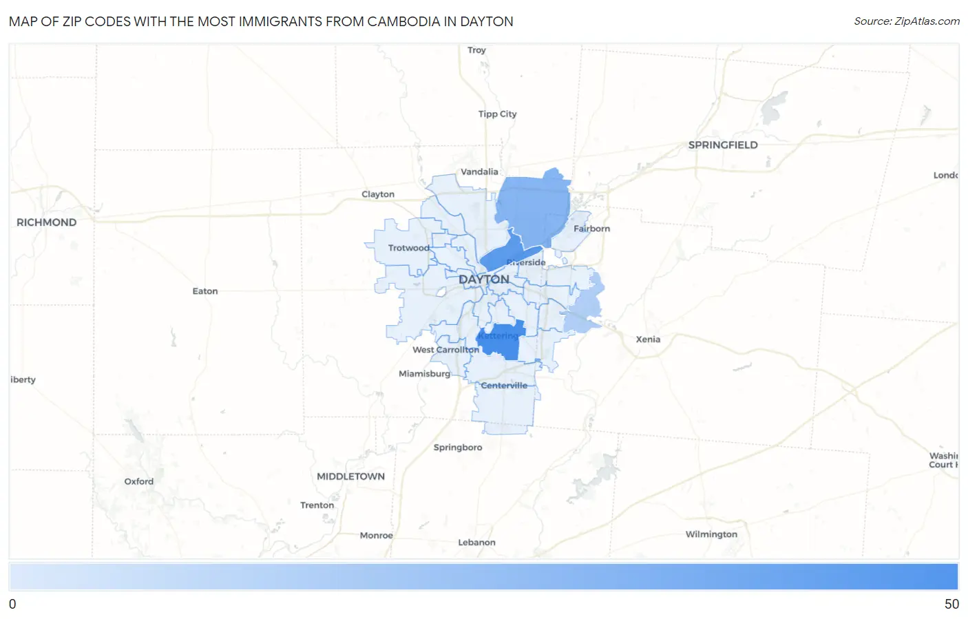 Zip Codes with the Most Immigrants from Cambodia in Dayton Map