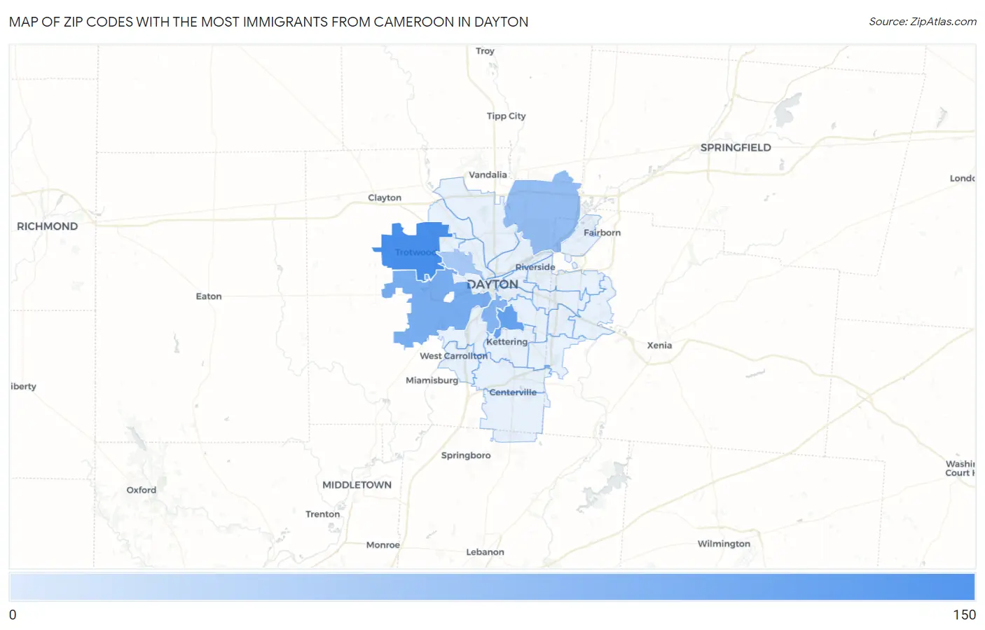 Zip Codes with the Most Immigrants from Cameroon in Dayton Map