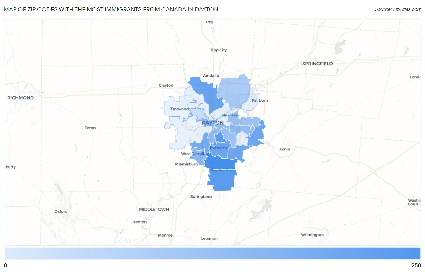 Zip Codes with the Most Immigrants from Canada in Dayton Map