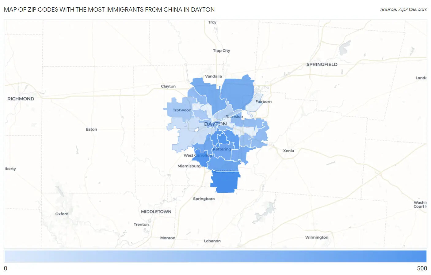 Zip Codes with the Most Immigrants from China in Dayton Map