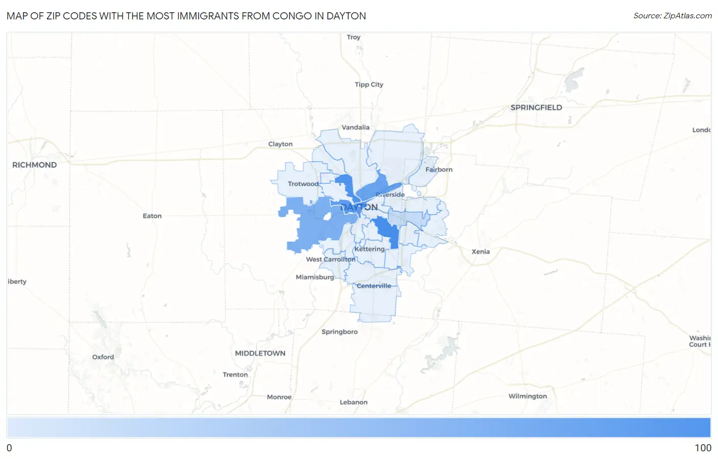 Zip Codes with the Most Immigrants from Congo in Dayton Map