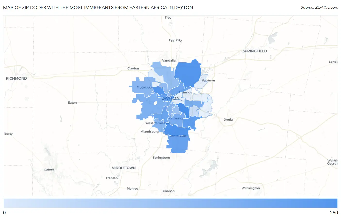 Zip Codes with the Most Immigrants from Eastern Africa in Dayton Map