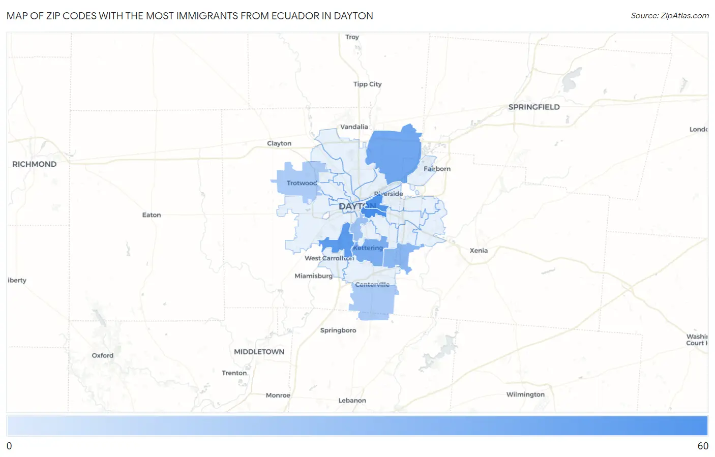 Zip Codes with the Most Immigrants from Ecuador in Dayton Map
