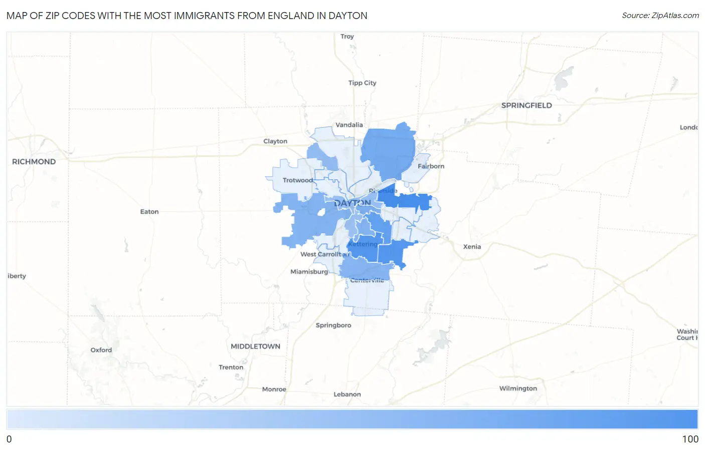 Zip Codes with the Most Immigrants from England in Dayton Map