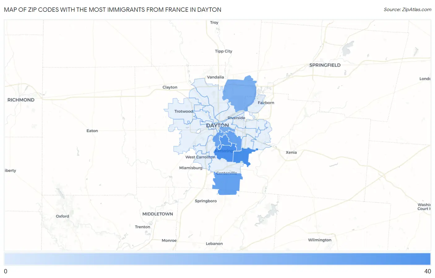 Zip Codes with the Most Immigrants from France in Dayton Map