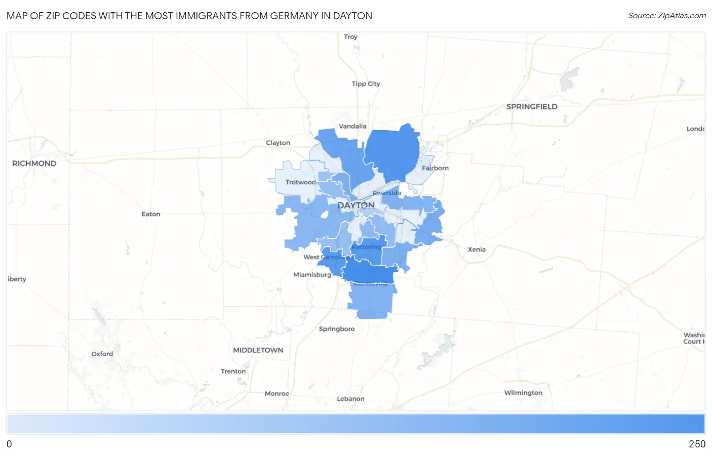 Zip Codes with the Most Immigrants from Germany in Dayton Map