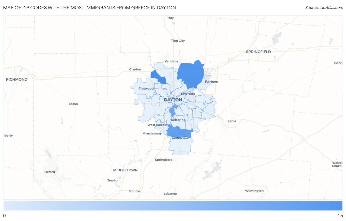 Zip Codes with the Most Immigrants from Greece in Dayton Map