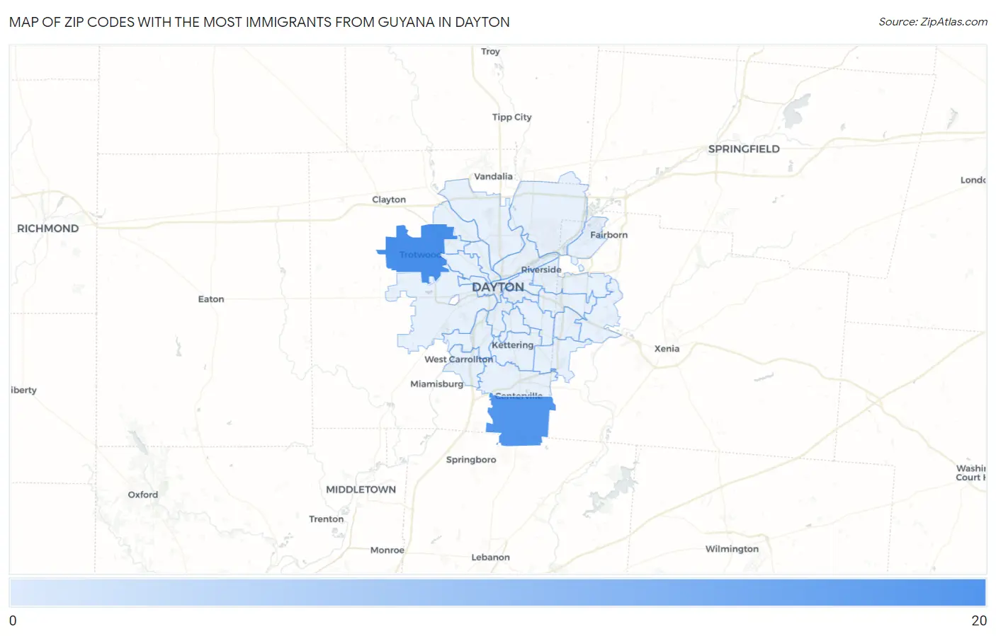 Zip Codes with the Most Immigrants from Guyana in Dayton Map