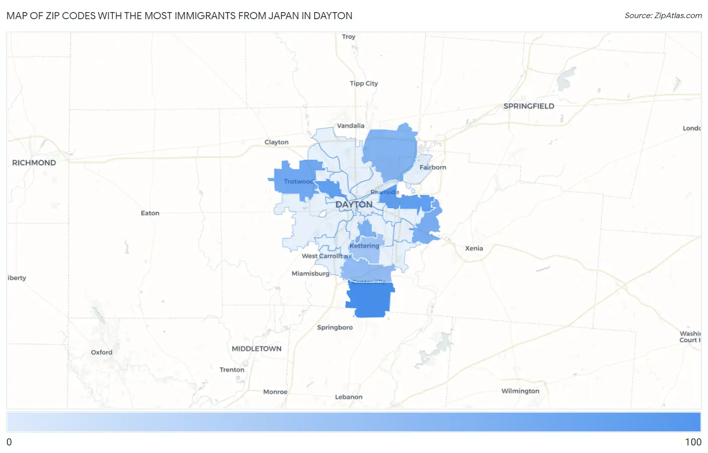 Zip Codes with the Most Immigrants from Japan in Dayton Map