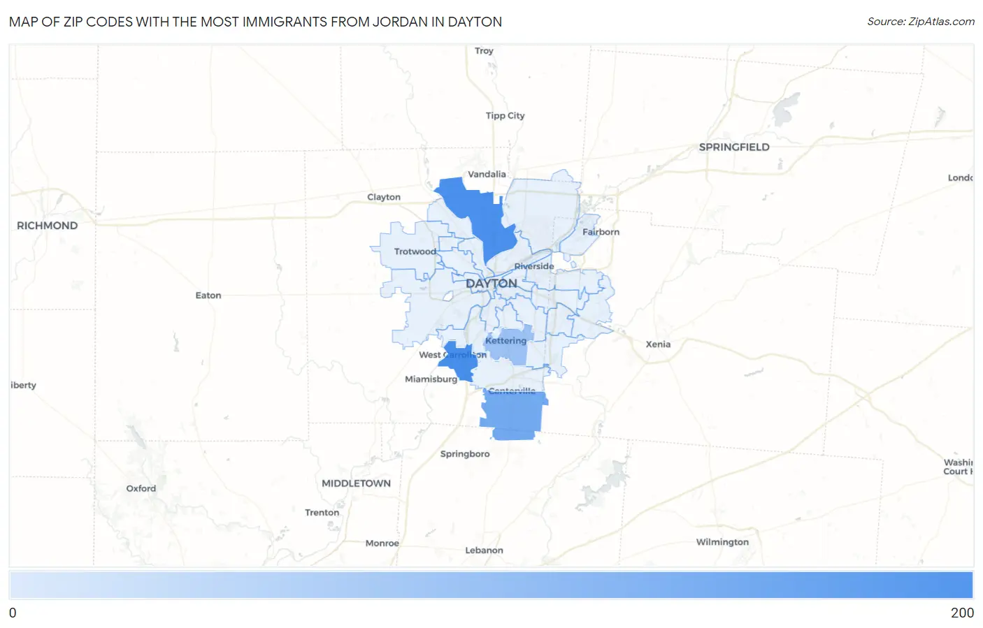 Zip Codes with the Most Immigrants from Jordan in Dayton Map