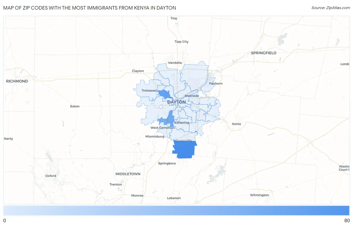 Zip Codes with the Most Immigrants from Kenya in Dayton Map