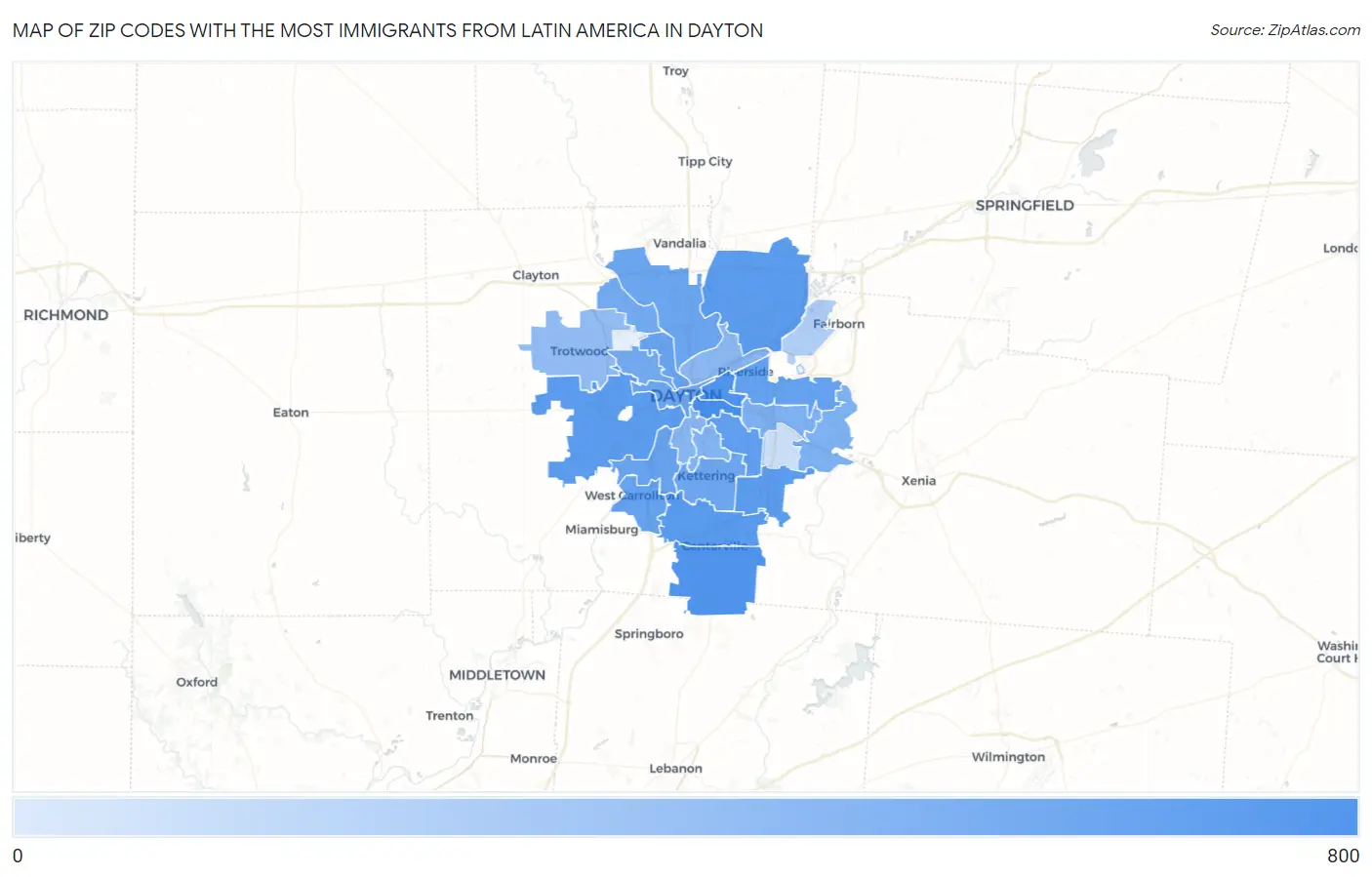 Zip Codes with the Most Immigrants from Latin America in Dayton Map