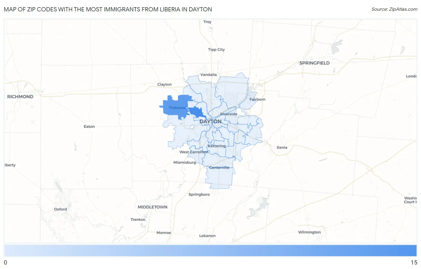 Zip Codes with the Most Immigrants from Liberia in Dayton Map