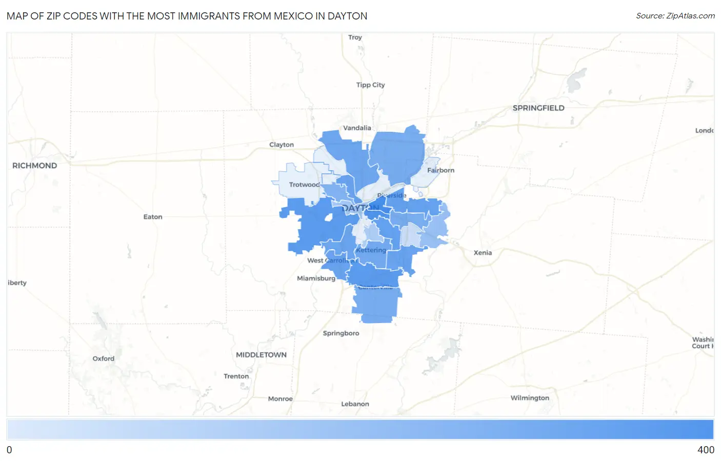 Zip Codes with the Most Immigrants from Mexico in Dayton Map