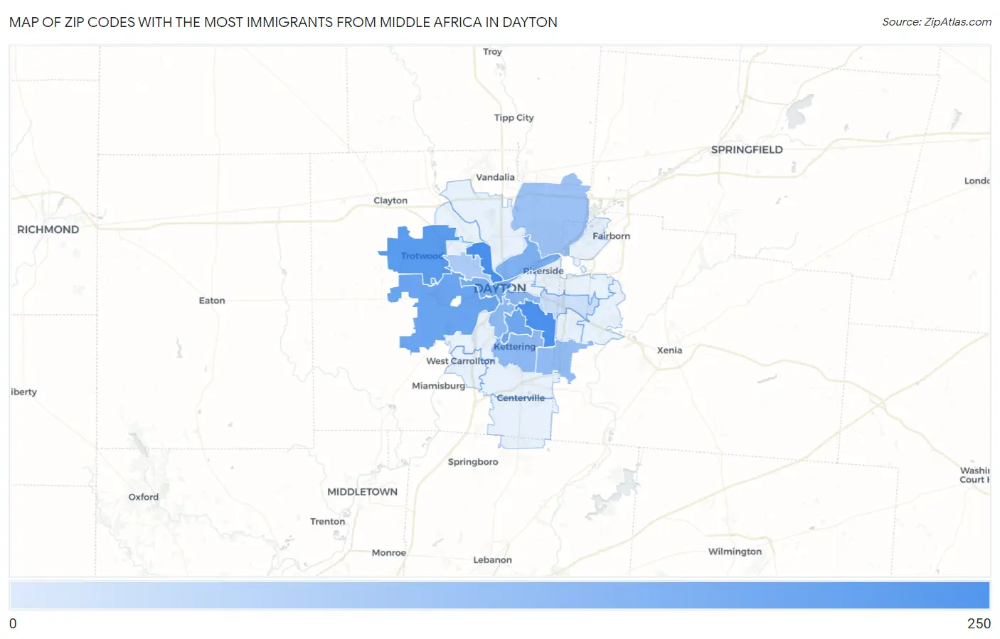 Zip Codes with the Most Immigrants from Middle Africa in Dayton Map