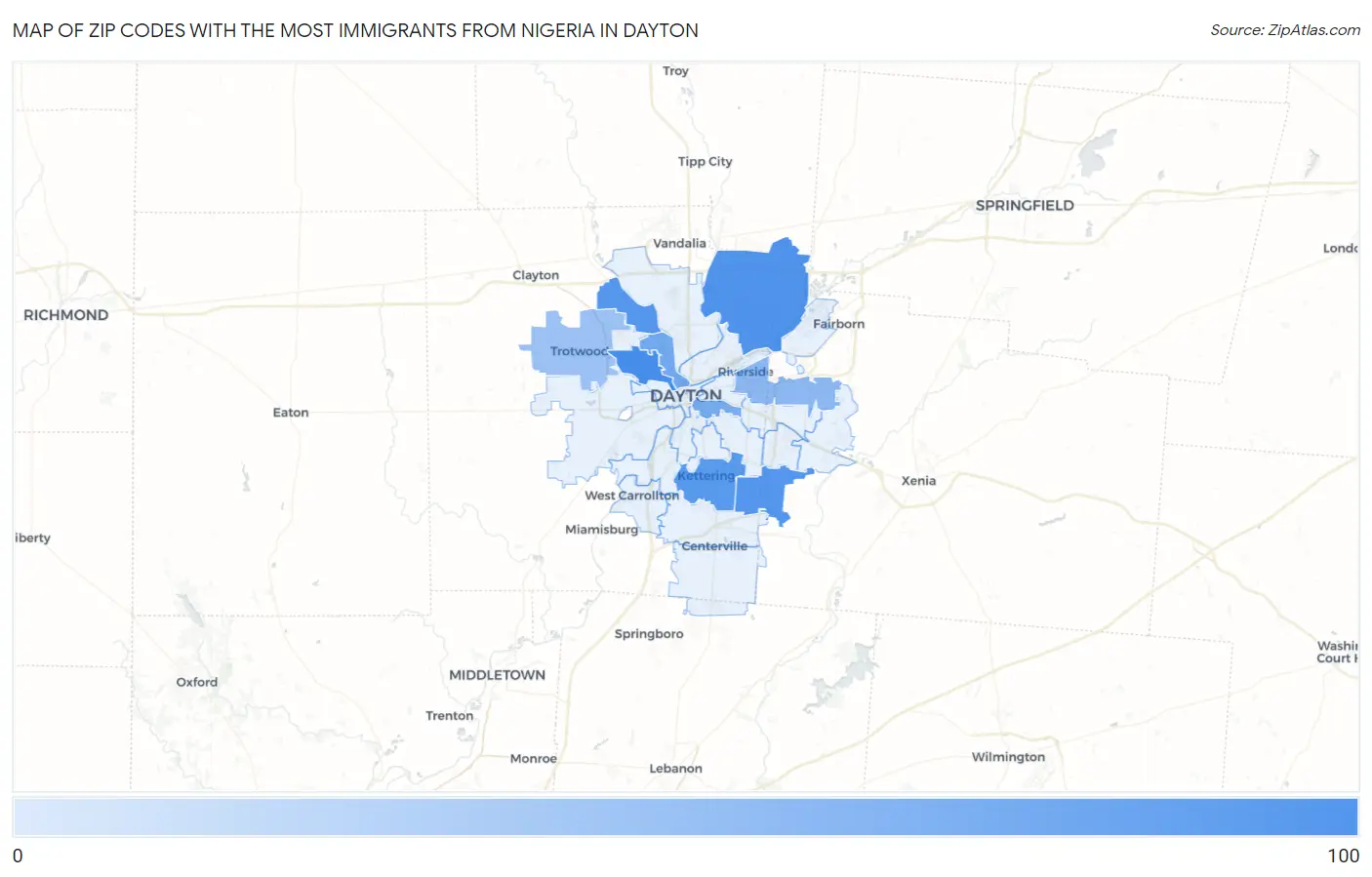 Zip Codes with the Most Immigrants from Nigeria in Dayton Map