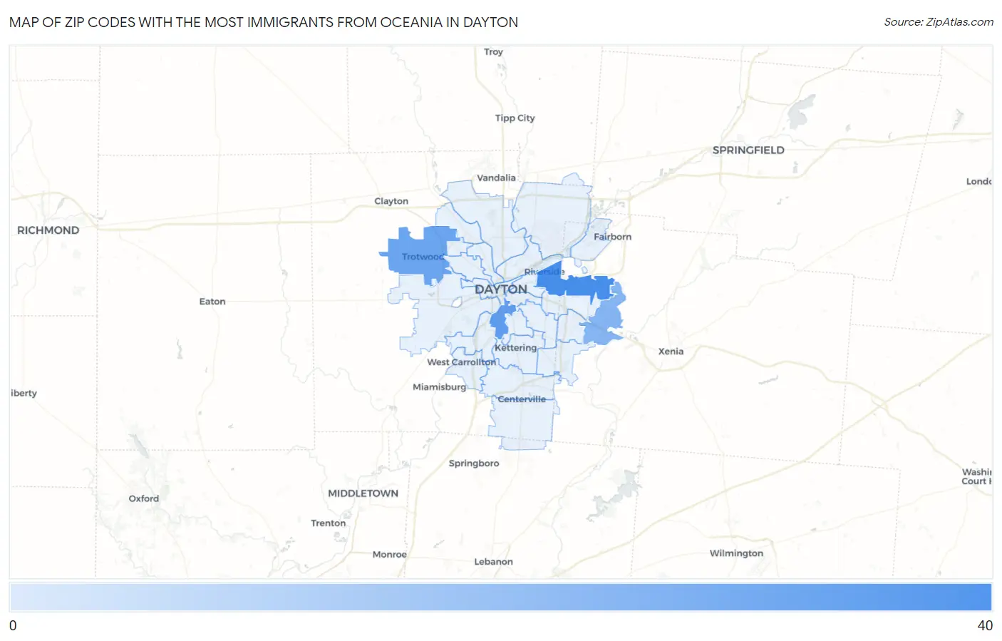 Zip Codes with the Most Immigrants from Oceania in Dayton Map