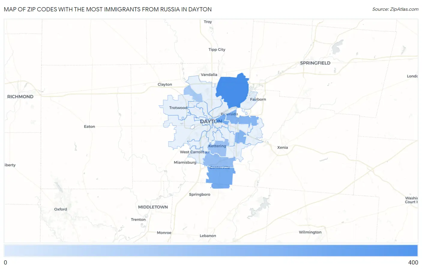 Zip Codes with the Most Immigrants from Russia in Dayton Map