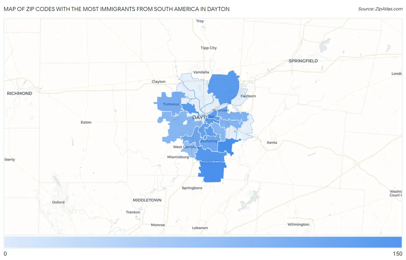 Zip Codes with the Most Immigrants from South America in Dayton Map