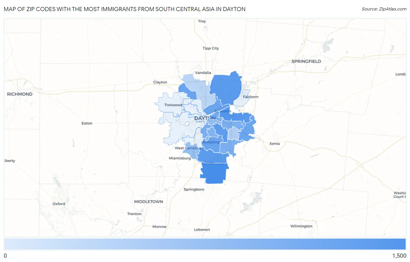 Zip Codes with the Most Immigrants from South Central Asia in Dayton Map