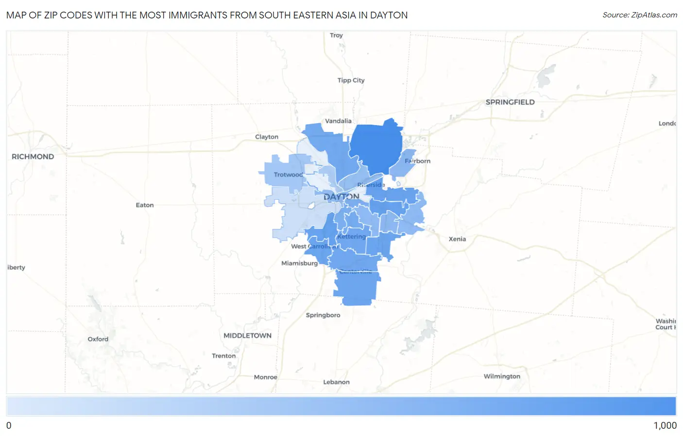 Zip Codes with the Most Immigrants from South Eastern Asia in Dayton Map