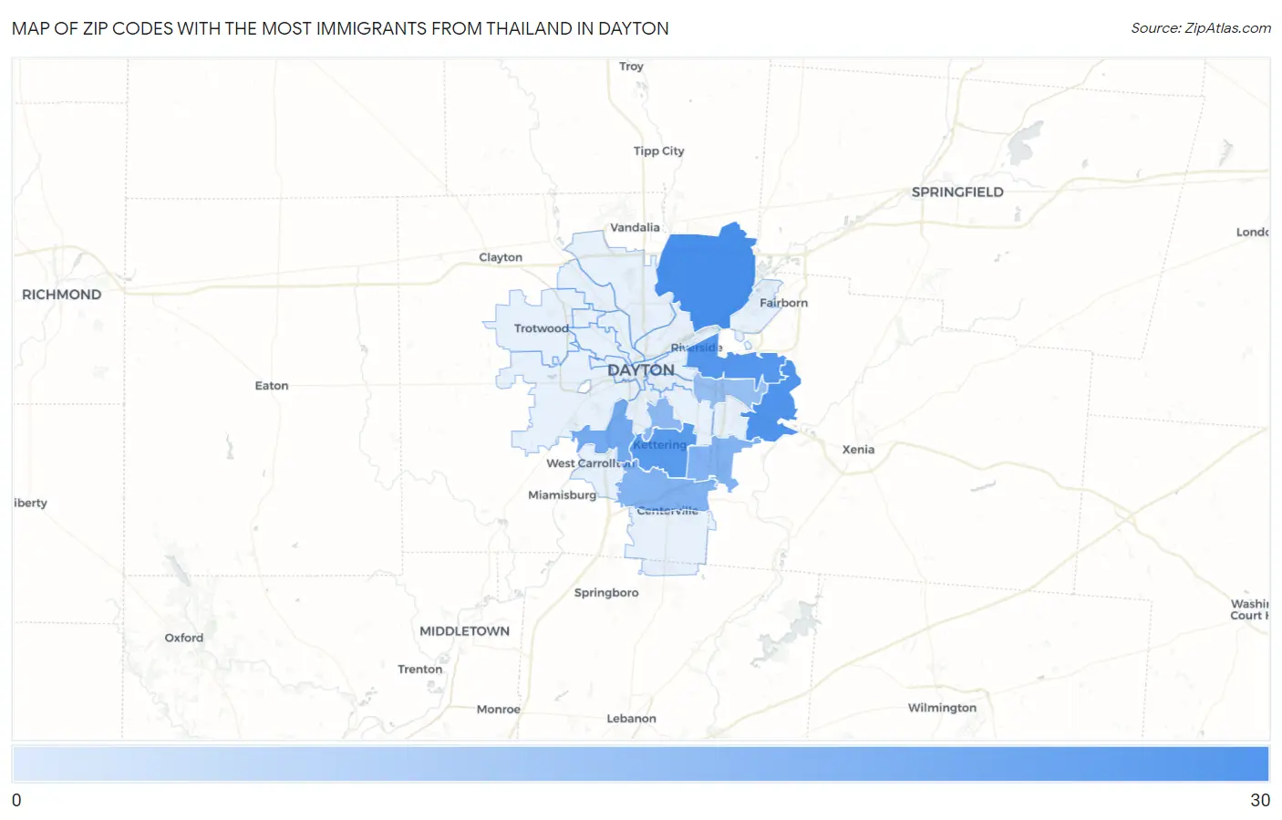 Zip Codes with the Most Immigrants from Thailand in Dayton Map