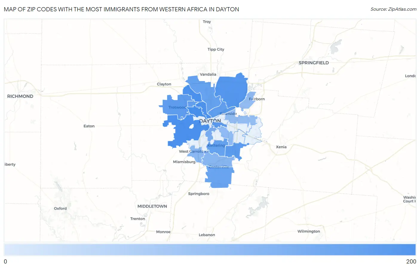 Zip Codes with the Most Immigrants from Western Africa in Dayton Map